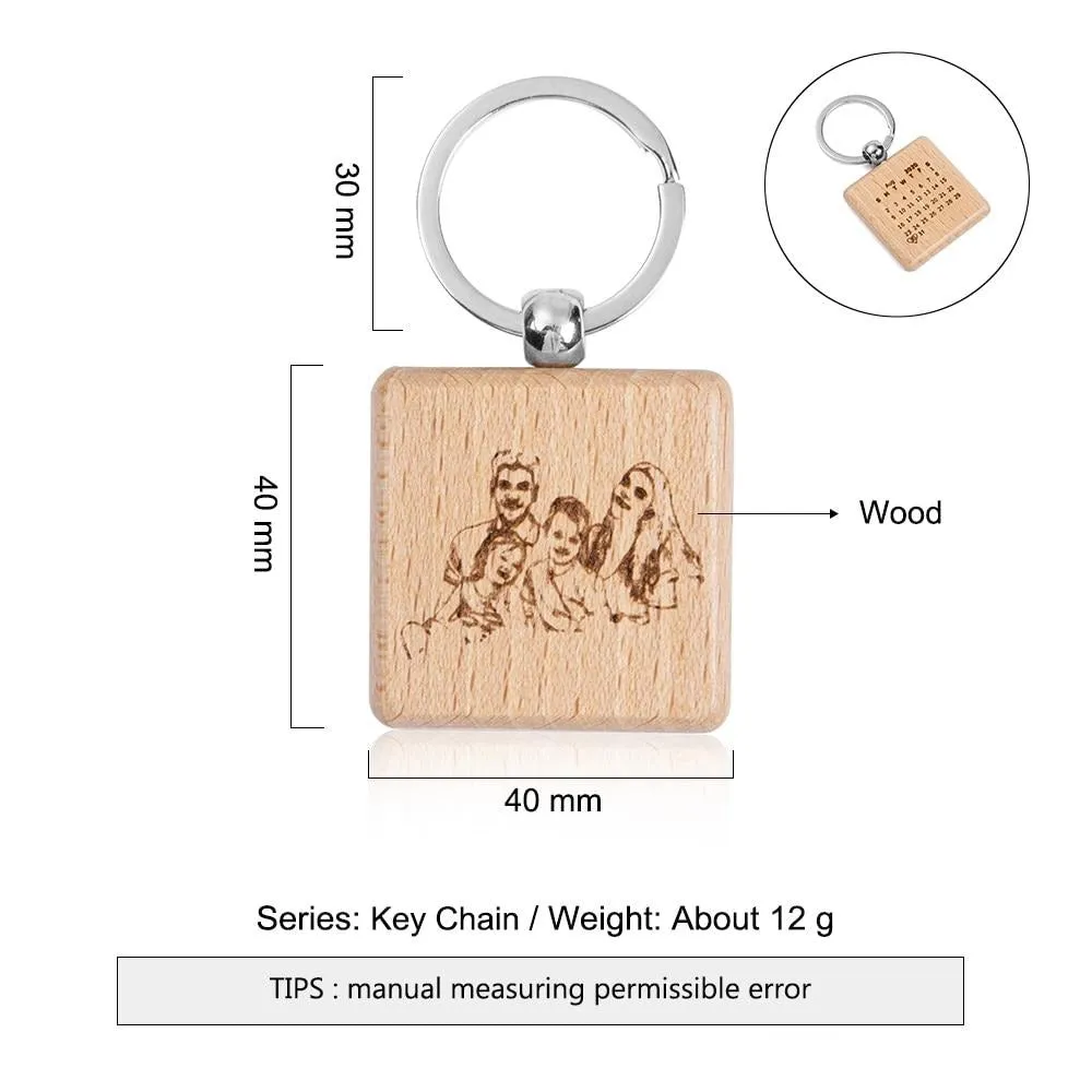 Engraving Calendar Highlighted With Heart-Shape Wooden Keyring Keychain