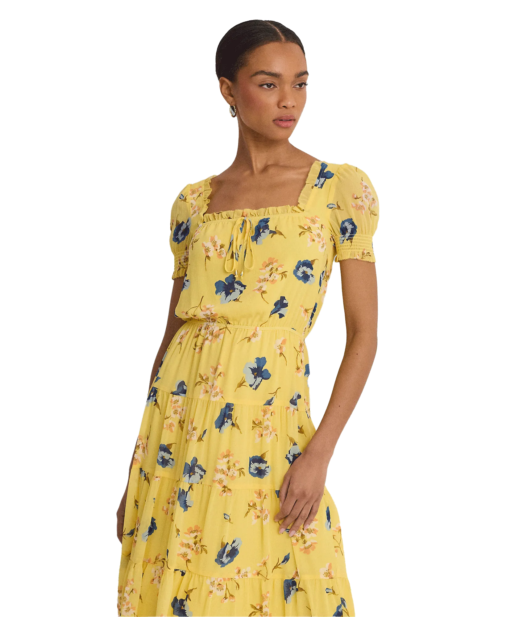 Floral Georgette Puff-sleeve Midi Dress - Yellow