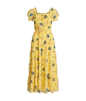 Floral Georgette Puff-sleeve Midi Dress - Yellow