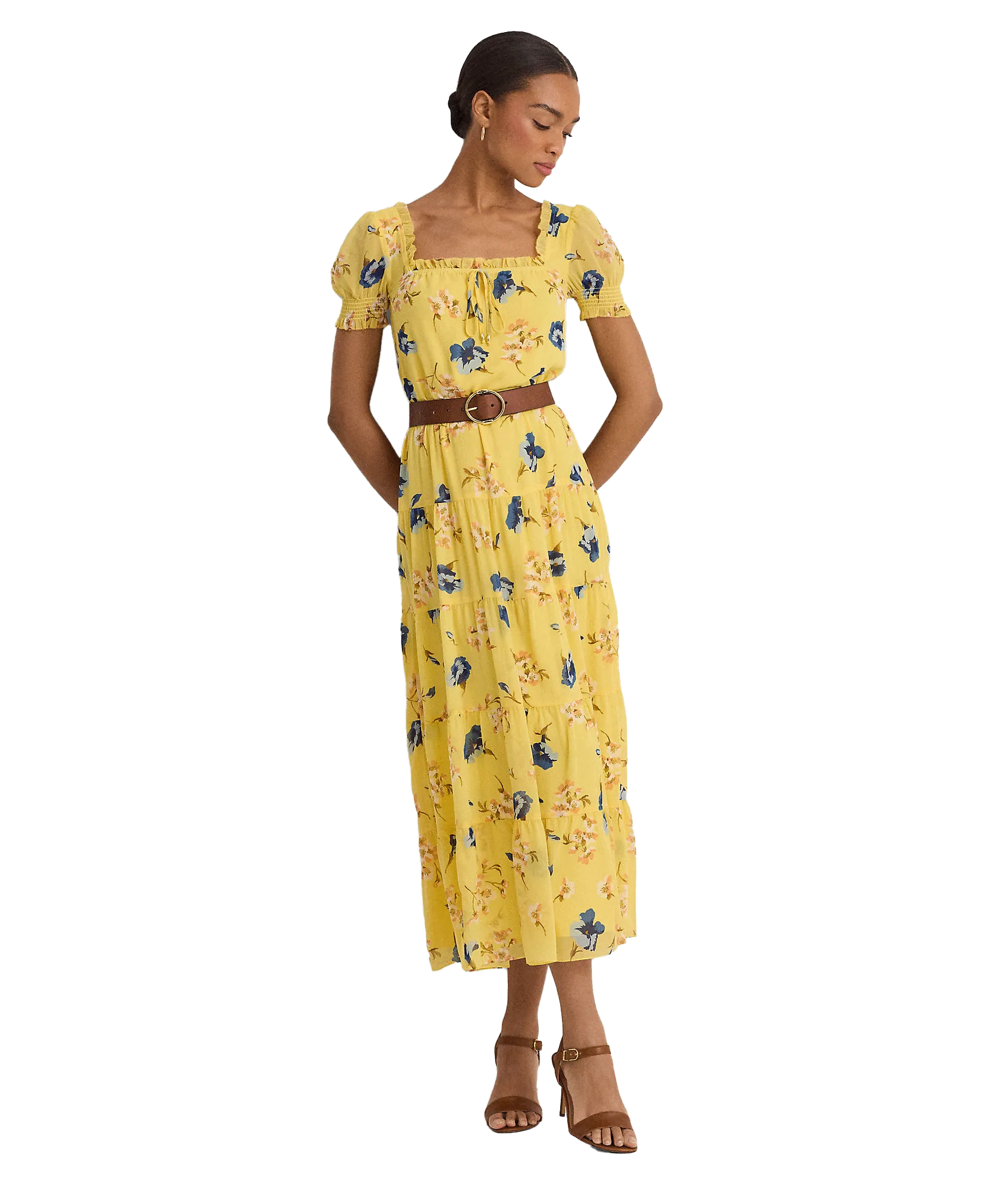 Floral Georgette Puff-sleeve Midi Dress - Yellow