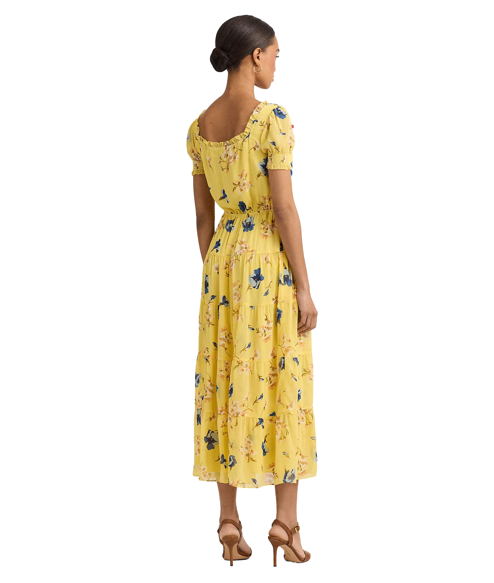 Floral Georgette Puff-sleeve Midi Dress - Yellow