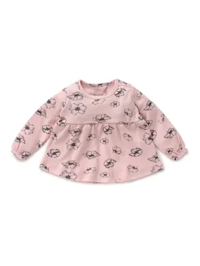 Full sleeve black flower pattern in pink frock for baby girls