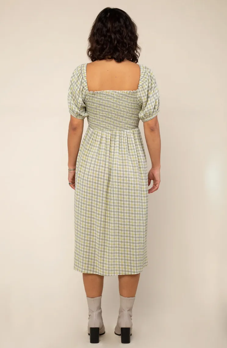 Gemma Gingham Puff Sleeve Dress in Sage Plaid