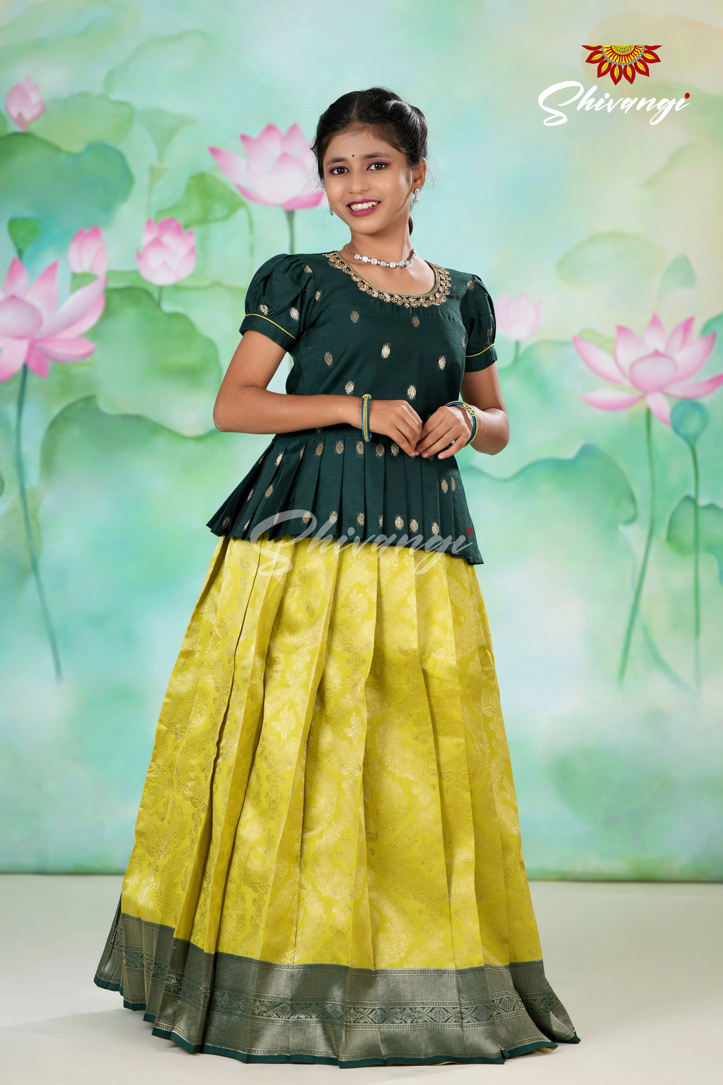 Girls Parrot Green Golden Cocoon Pattu Pavadai | Langa !!!