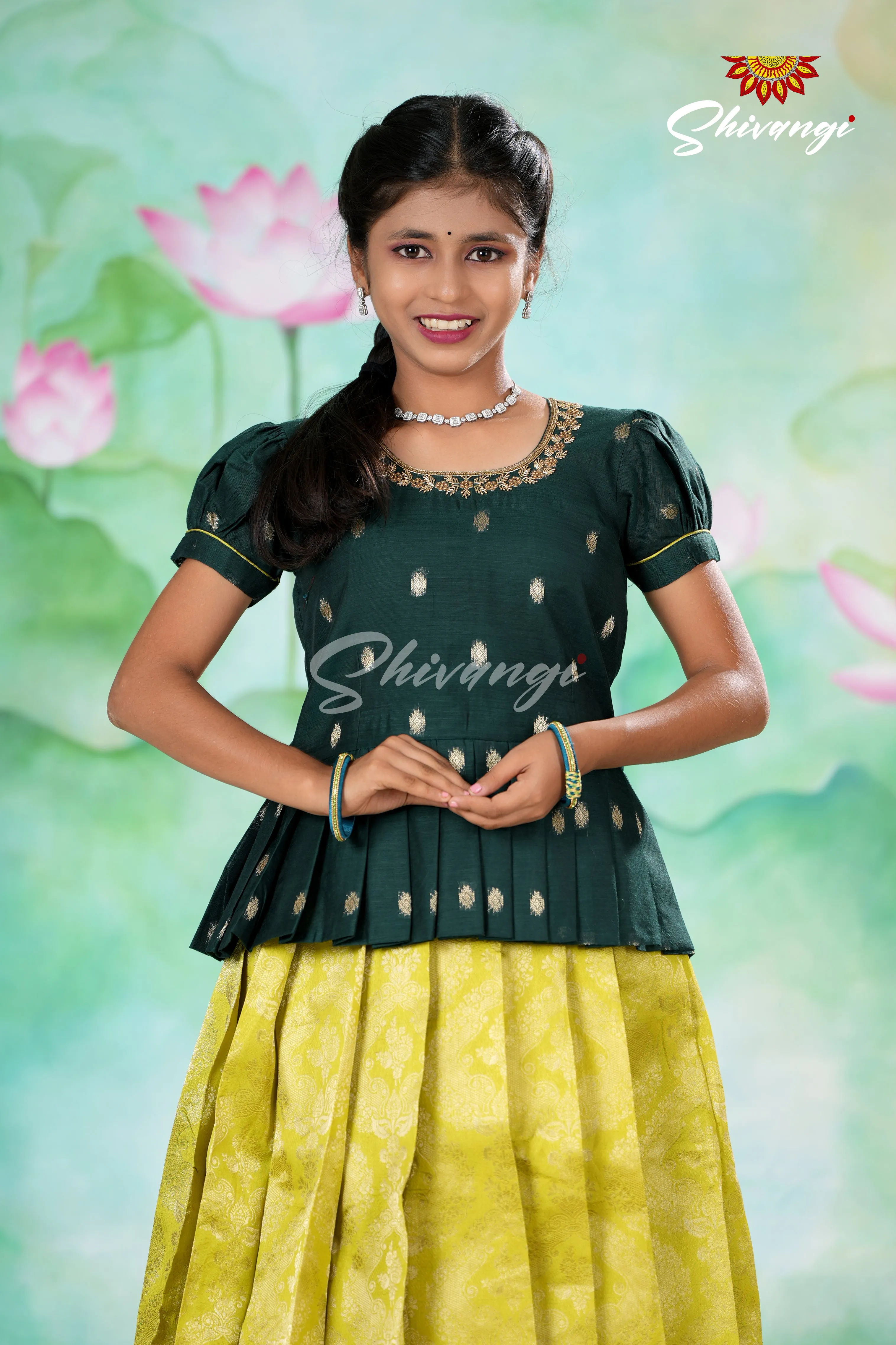 Girls Parrot Green Golden Cocoon Pattu Pavadai | Langa !!!