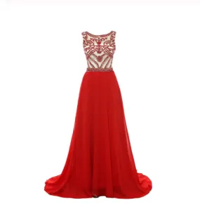 Gorgeous Red High Neck Sleeveless A-Line Beaded Bodice Chiffon Long Prom Dresses