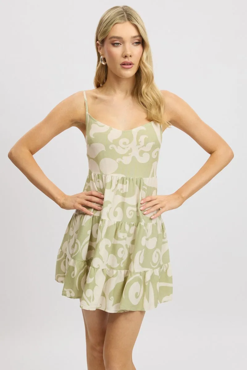 Green Abstract Mini Dress Tiered Strappy