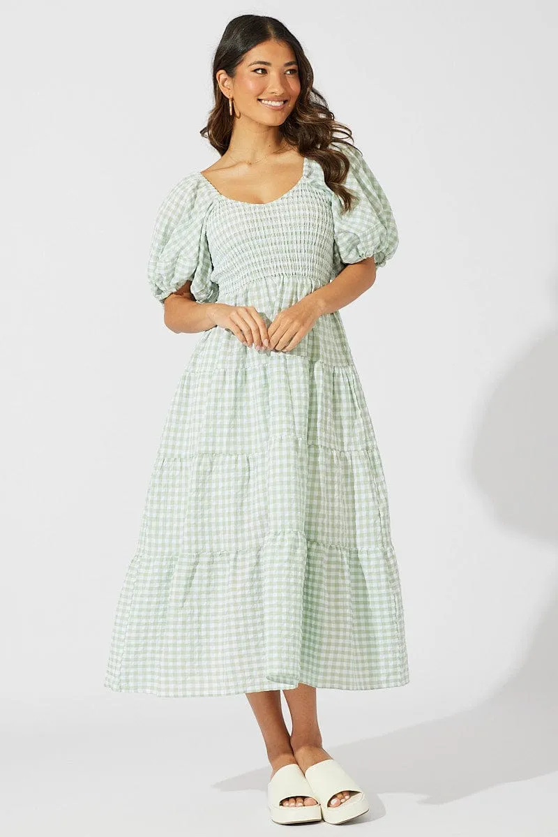 Green Check Midi Dress Short Sleeve Shirred