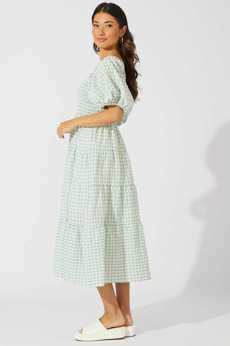 Green Check Midi Dress Short Sleeve Shirred