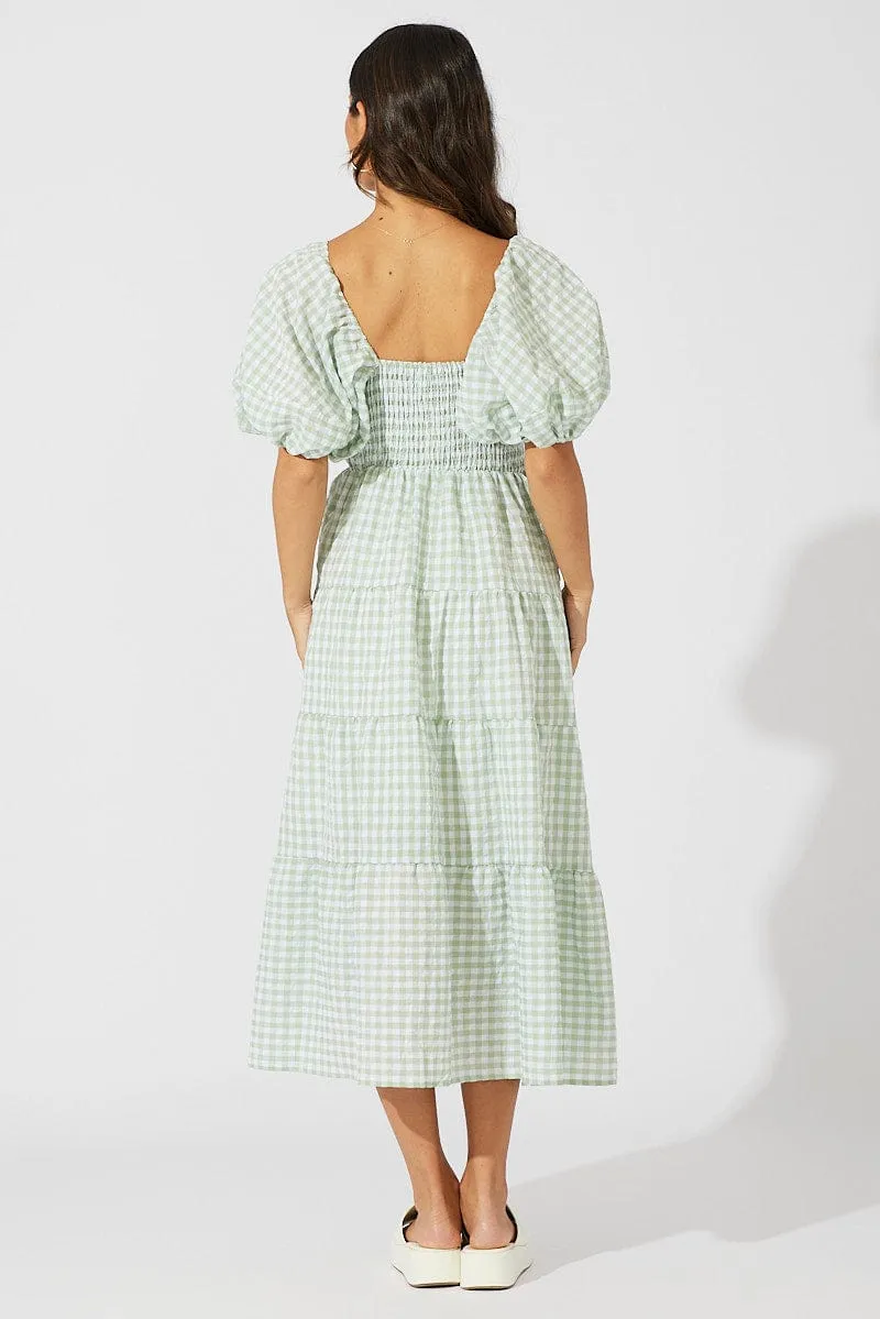 Green Check Midi Dress Short Sleeve Shirred