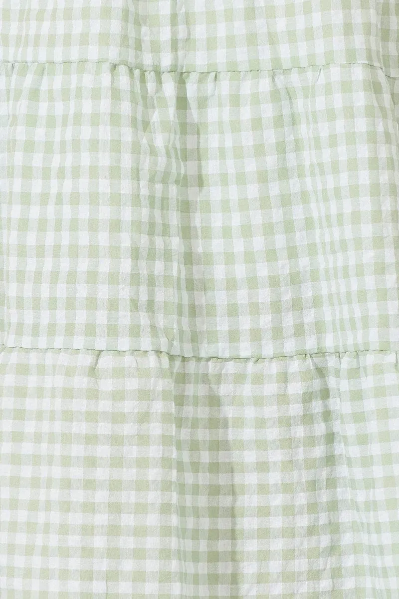 Green Check Midi Dress Short Sleeve Shirred