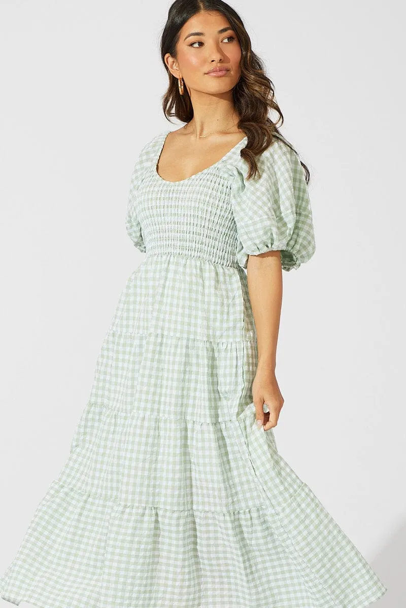 Green Check Midi Dress Short Sleeve Shirred