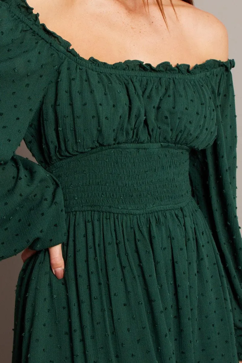 Green Fit And Flare Dress Long Sleeve Mini