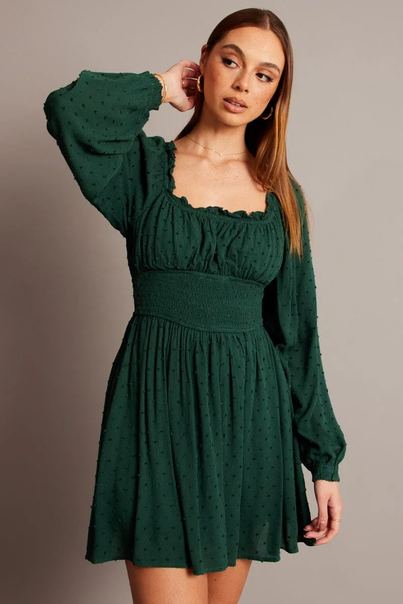 Green Fit And Flare Dress Long Sleeve Mini