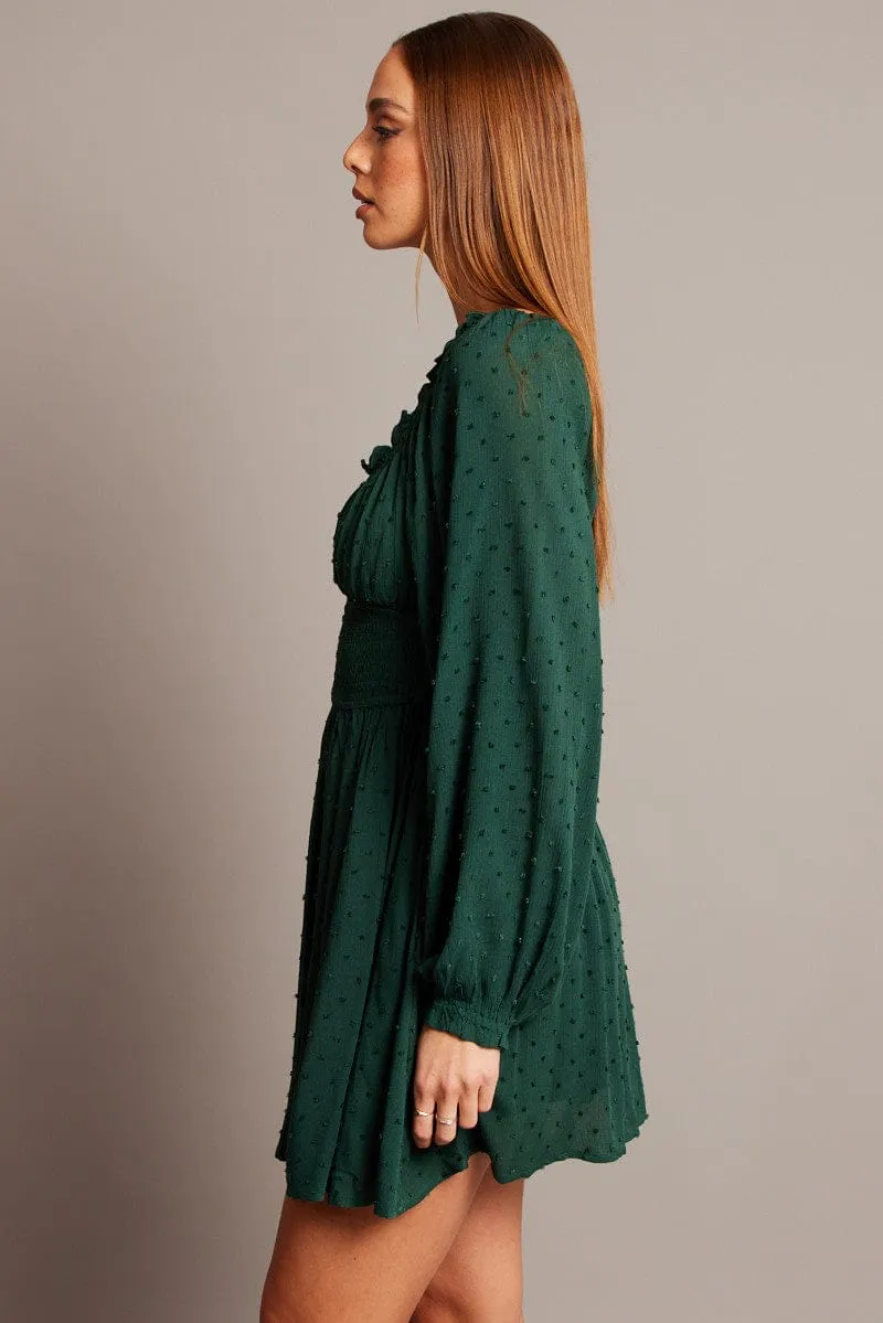 Green Fit And Flare Dress Long Sleeve Mini