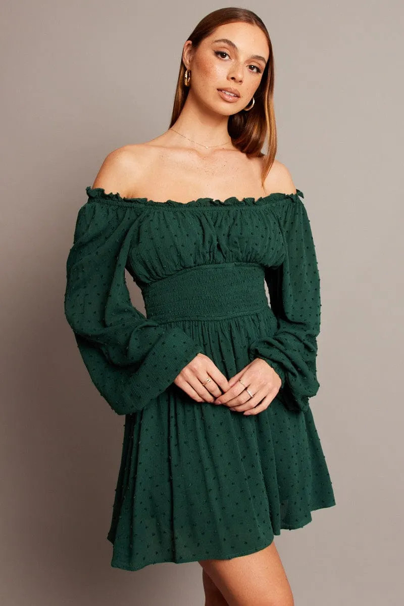 Green Fit And Flare Dress Long Sleeve Mini