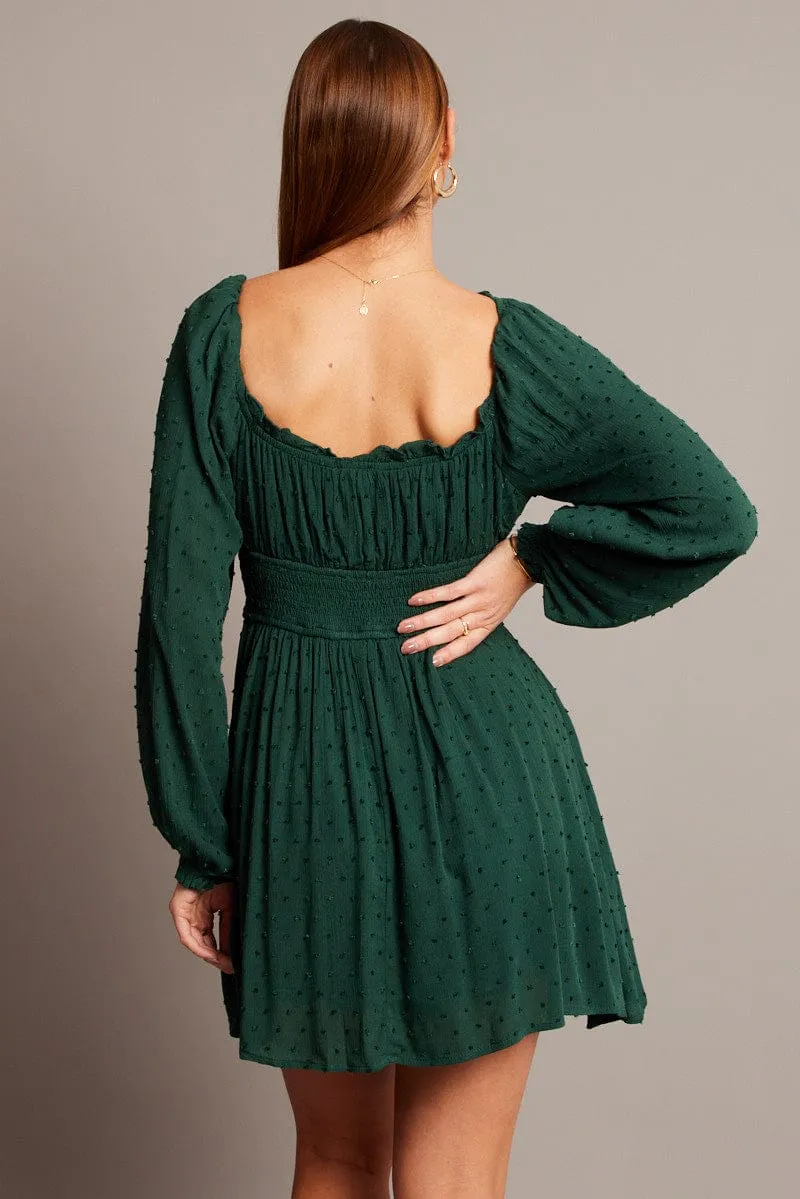 Green Fit And Flare Dress Long Sleeve Mini