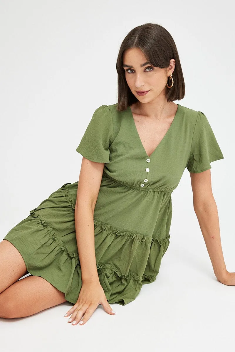 Green Fit And Flare Dress Short Sleeve Mini