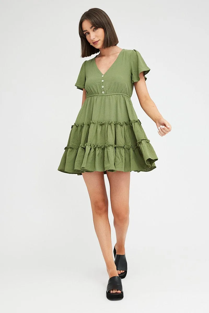 Green Fit And Flare Dress Short Sleeve Mini