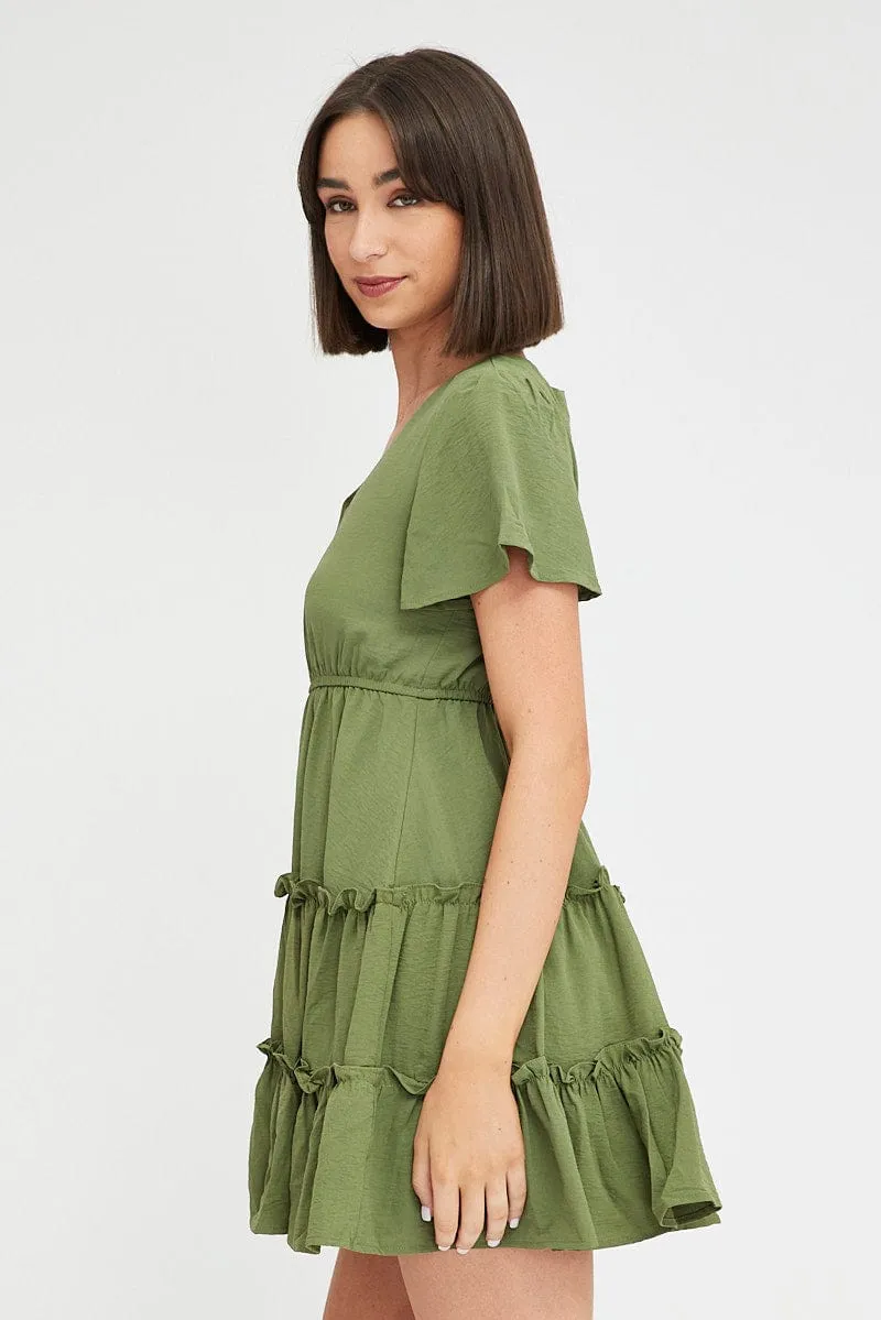 Green Fit And Flare Dress Short Sleeve Mini