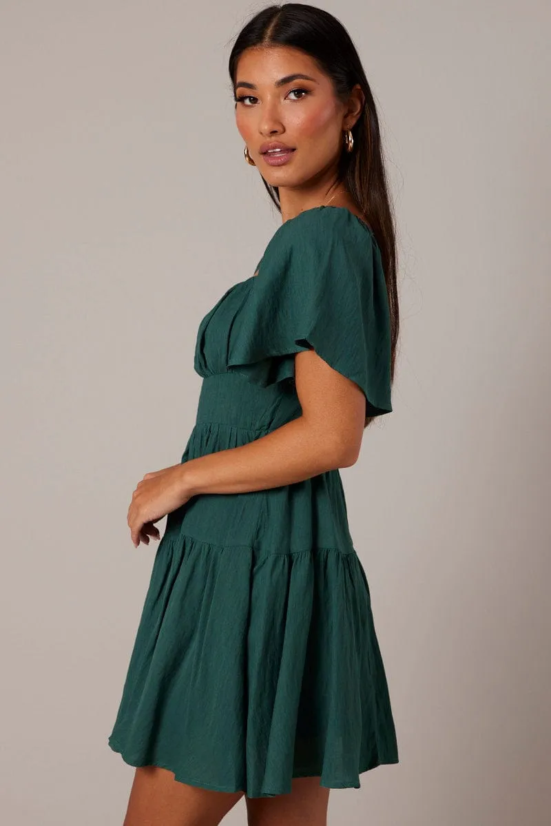 Green Fit And Flare Dress Short Sleeve