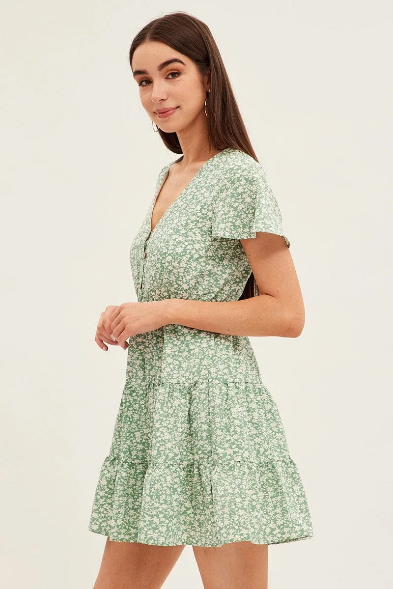 Green Floral Button Front Short Sleeve Mini Skater Dress