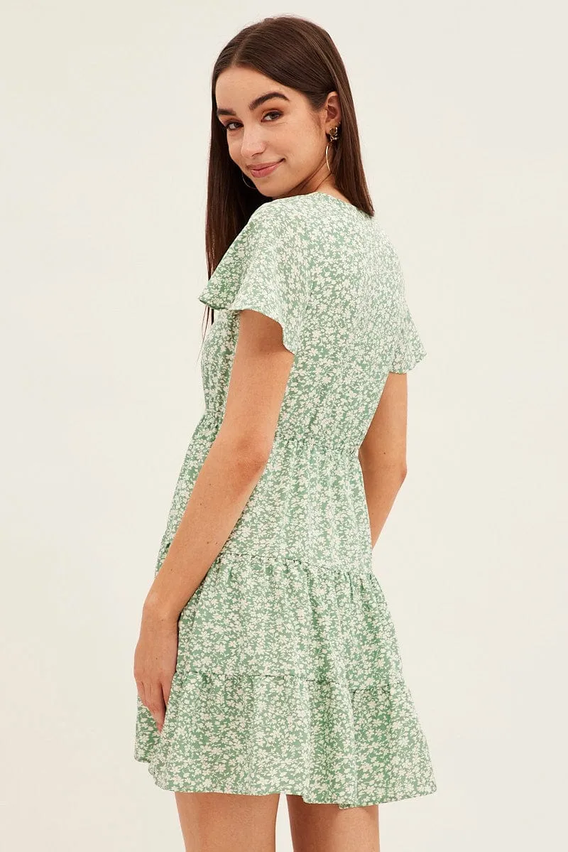 Green Floral Button Front Short Sleeve Mini Skater Dress