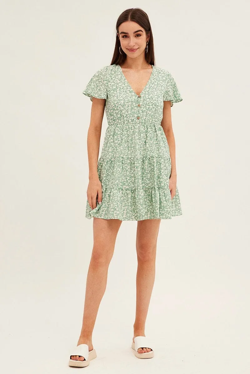 Green Floral Button Front Short Sleeve Mini Skater Dress