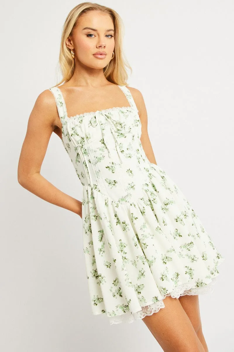 Green Floral Fit And Flare Dress Corset Detail Mini