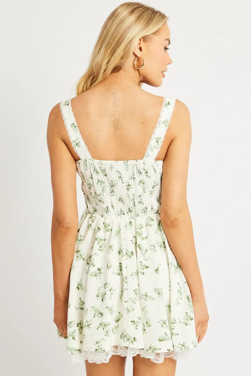 Green Floral Fit And Flare Dress Corset Detail Mini