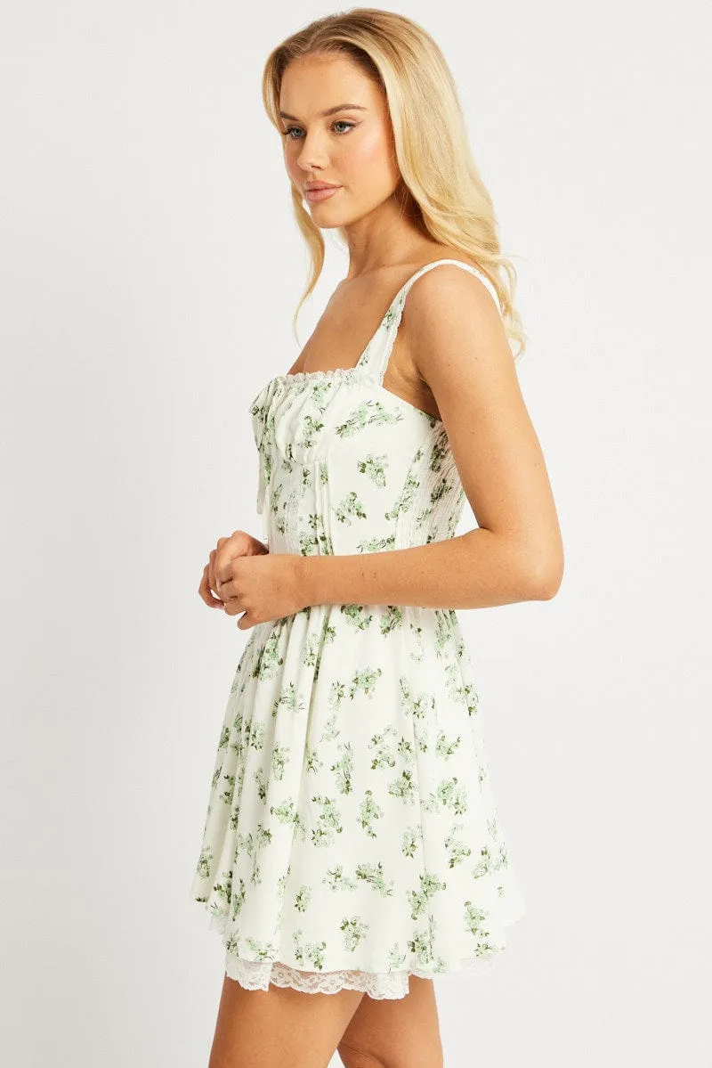 Green Floral Fit And Flare Dress Corset Detail Mini