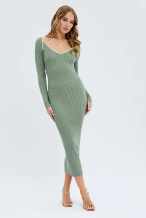 Green Midi Dress Long Sleeve Sweetheart Contrast Bind