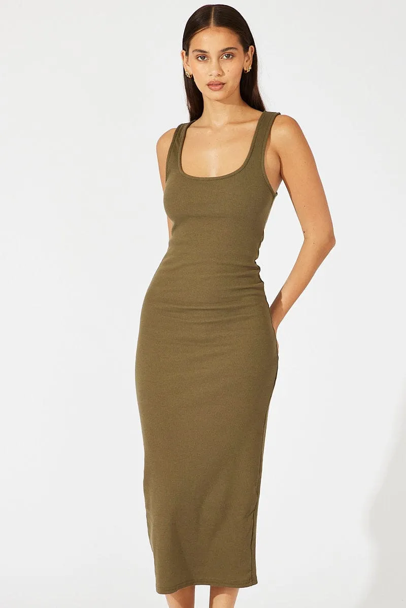 Green Midi Dress Sleeveless Bodycon Rib