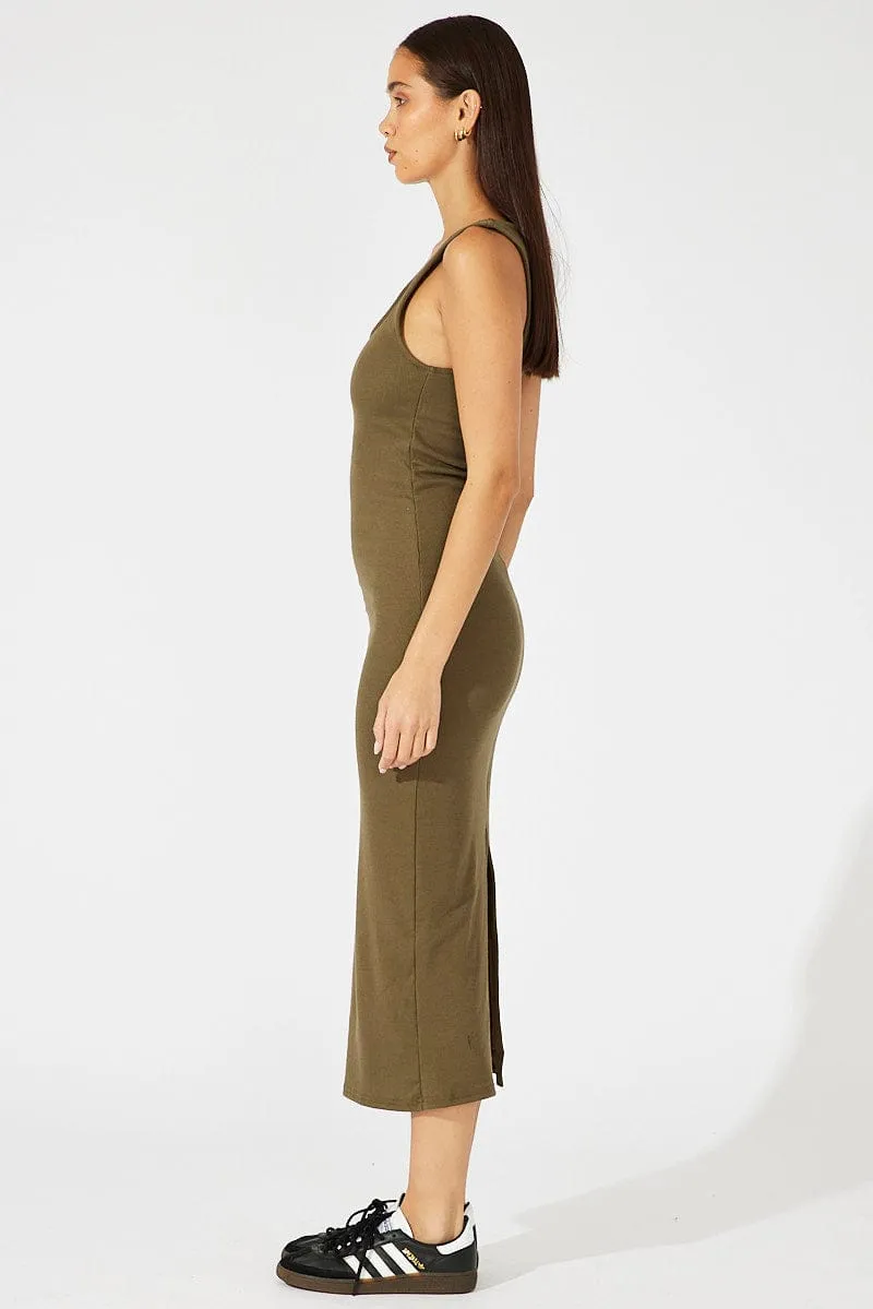 Green Midi Dress Sleeveless Bodycon Rib