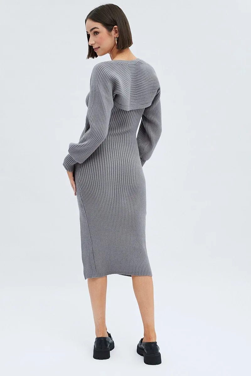 Grey Knit Midi Dress And Shrug Set