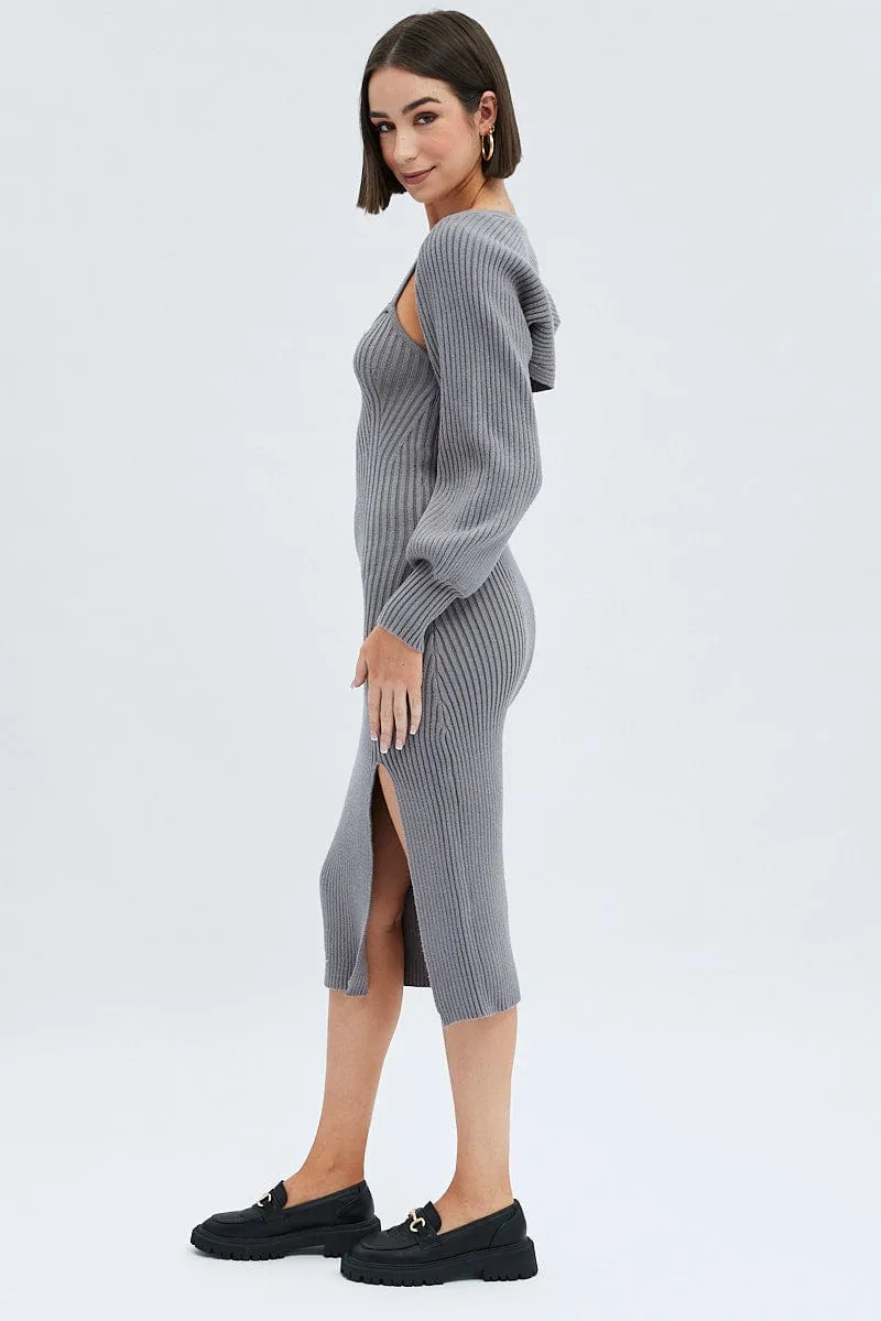 Grey Knit Midi Dress And Shrug Set