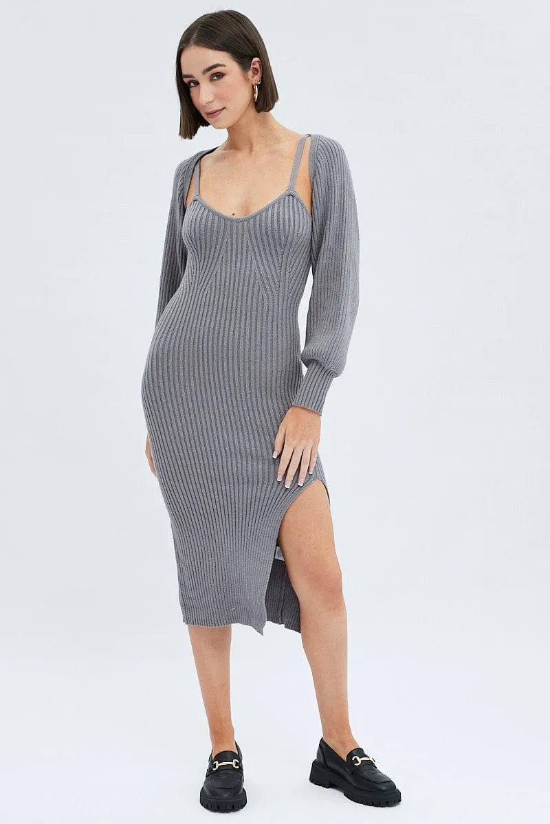 Grey Knit Midi Dress And Shrug Set