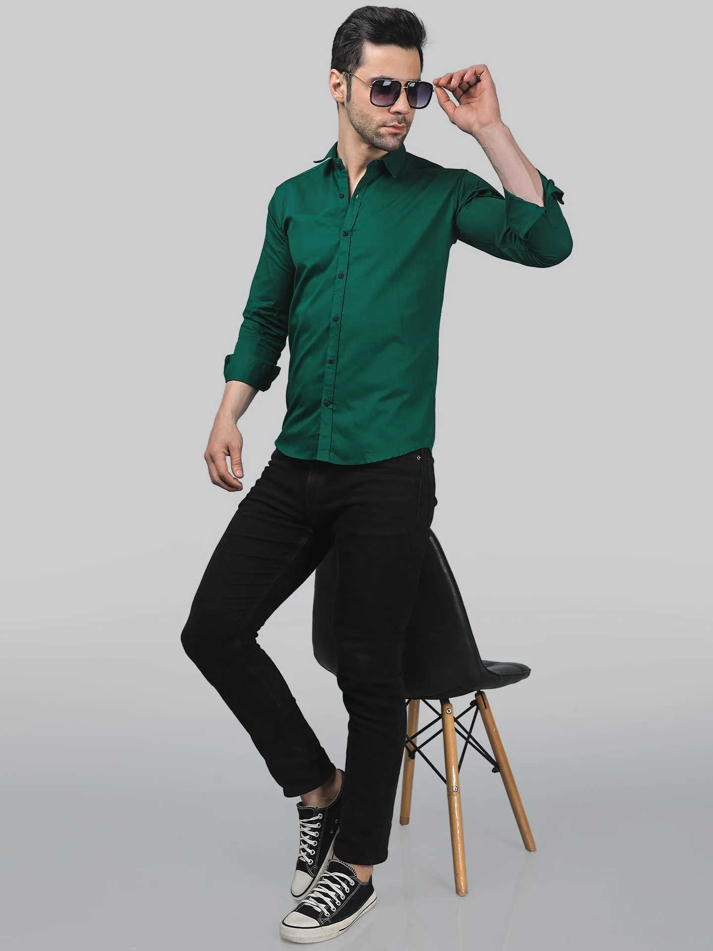 Grunge TryBuy Premium Green Cotton Button-Up Shirt for Men