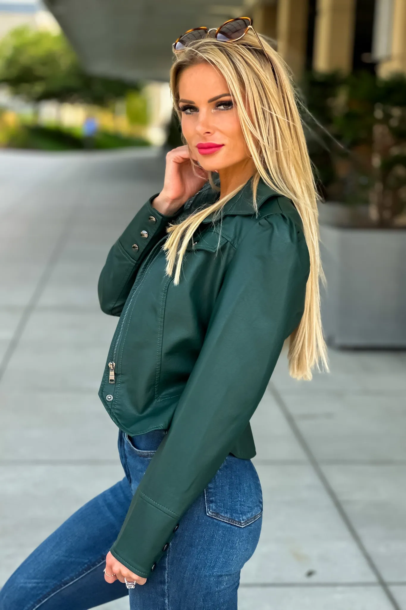 Hit The Town Faux Leather Puff Sleeve Jacket : Hunter Green