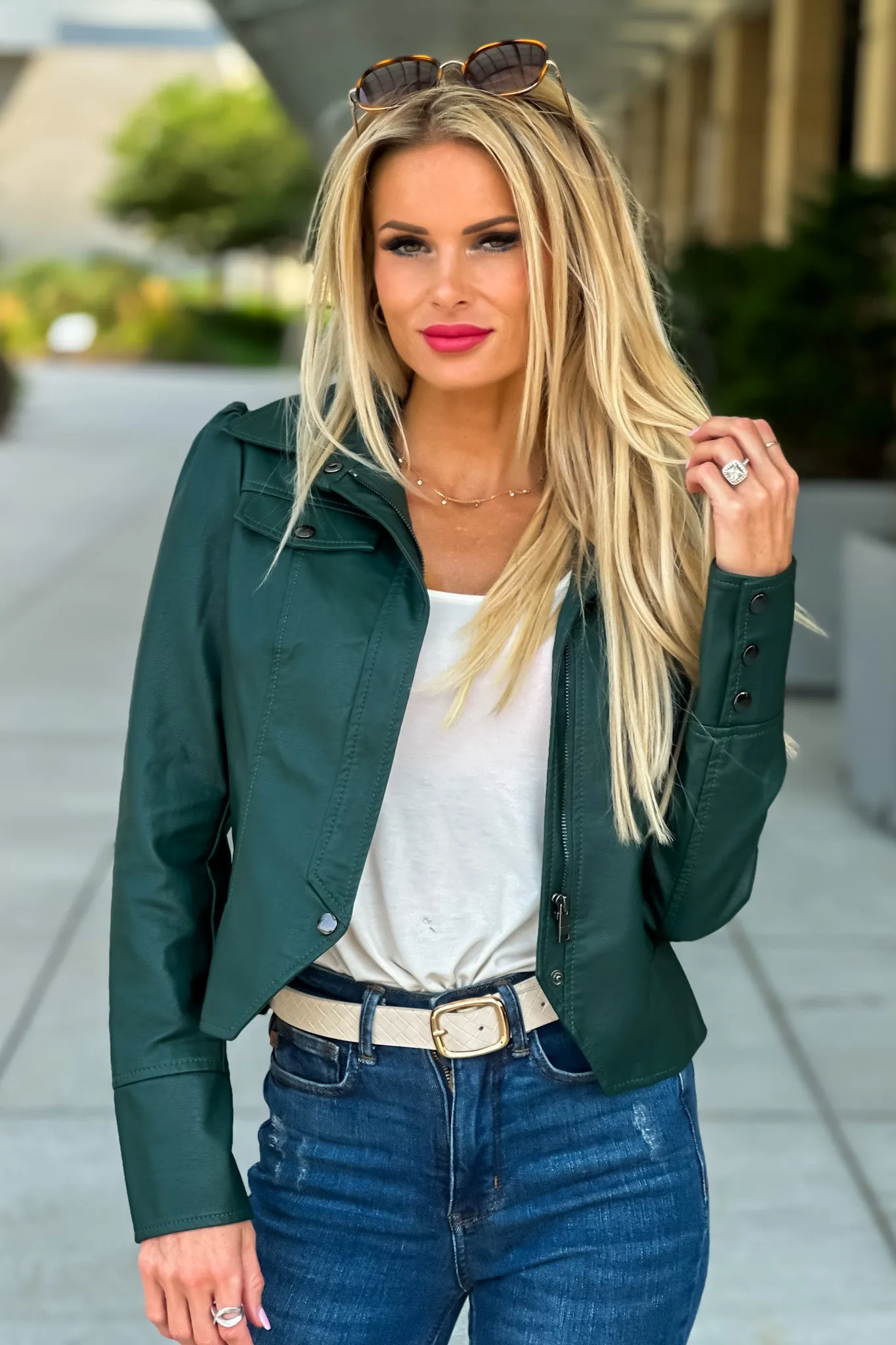 Hit The Town Faux Leather Puff Sleeve Jacket : Hunter Green