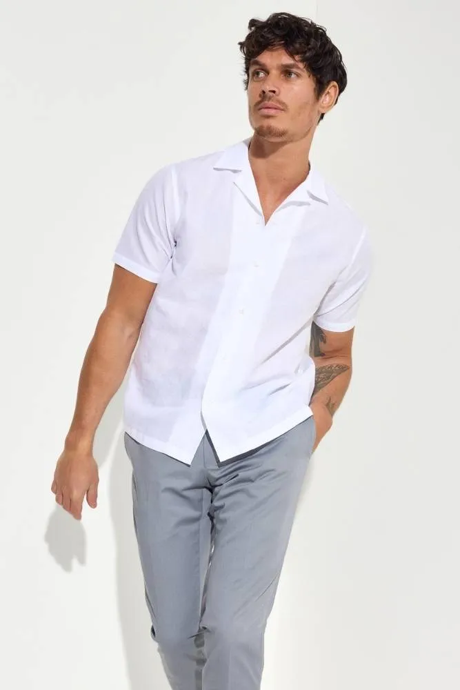 Jake Camp Collar Shirt - White Cotton Linen