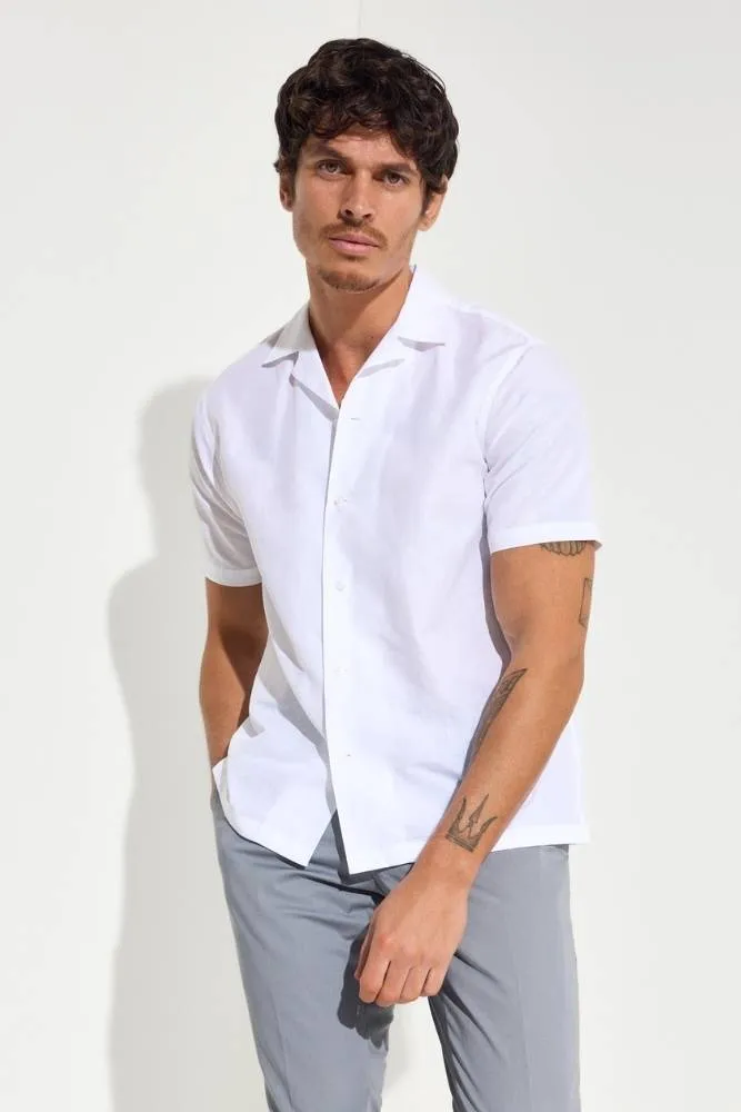 Jake Camp Collar Shirt - White Cotton Linen