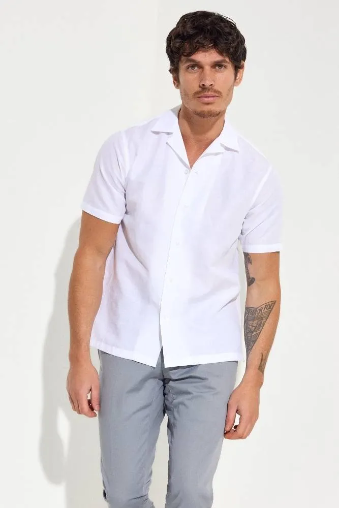 Jake Camp Collar Shirt - White Cotton Linen