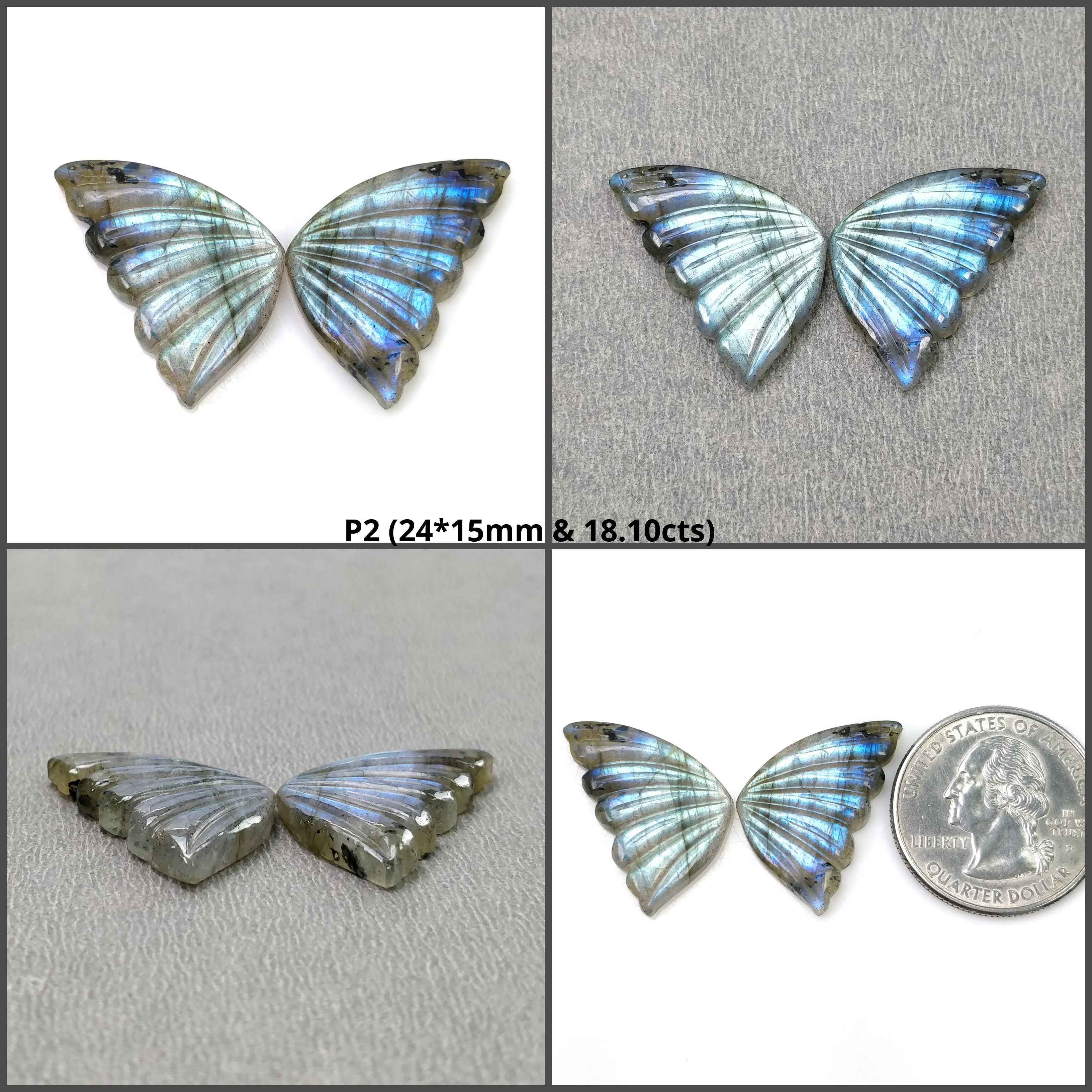 LABRADORITE Gemstone Carving : Natural Untreated Unheated Labradorite Gemstone Hand Carved Butterfly Pair (With Video)