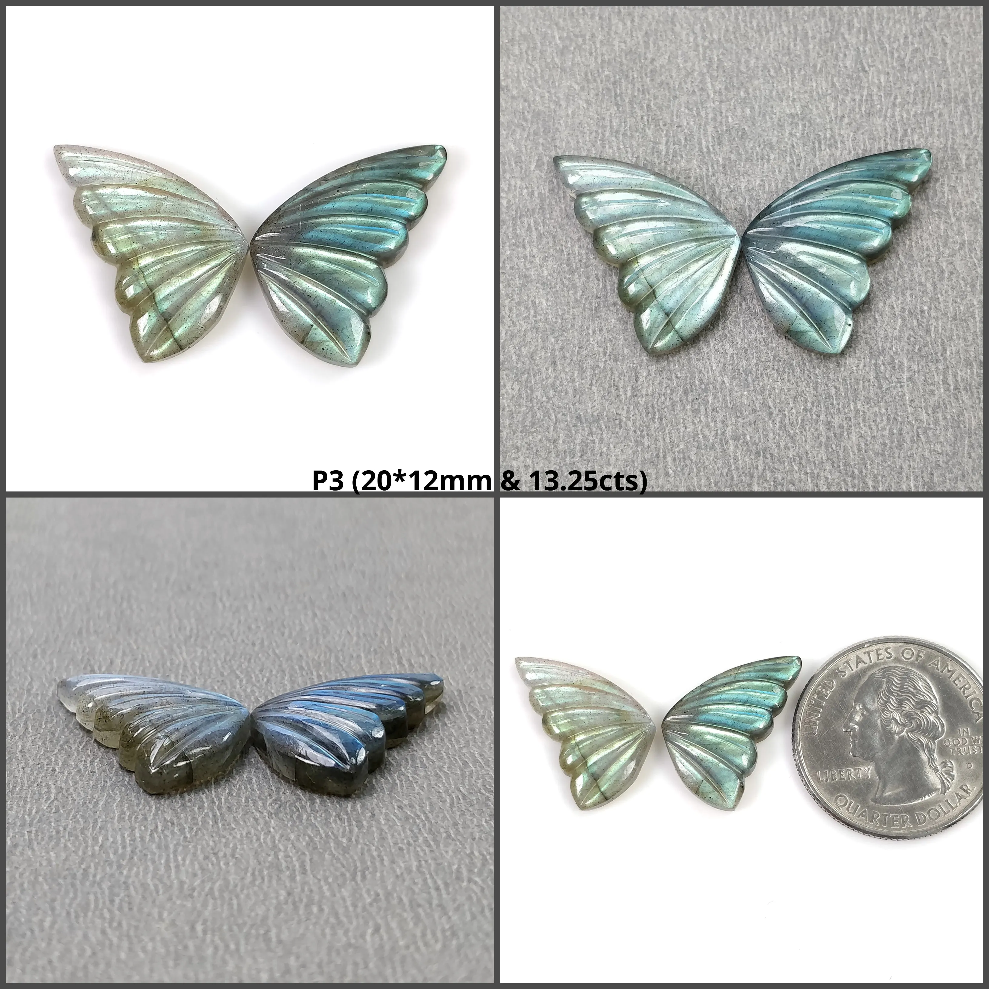 LABRADORITE Gemstone Carving : Natural Untreated Unheated Labradorite Gemstone Hand Carved Butterfly Pair (With Video)