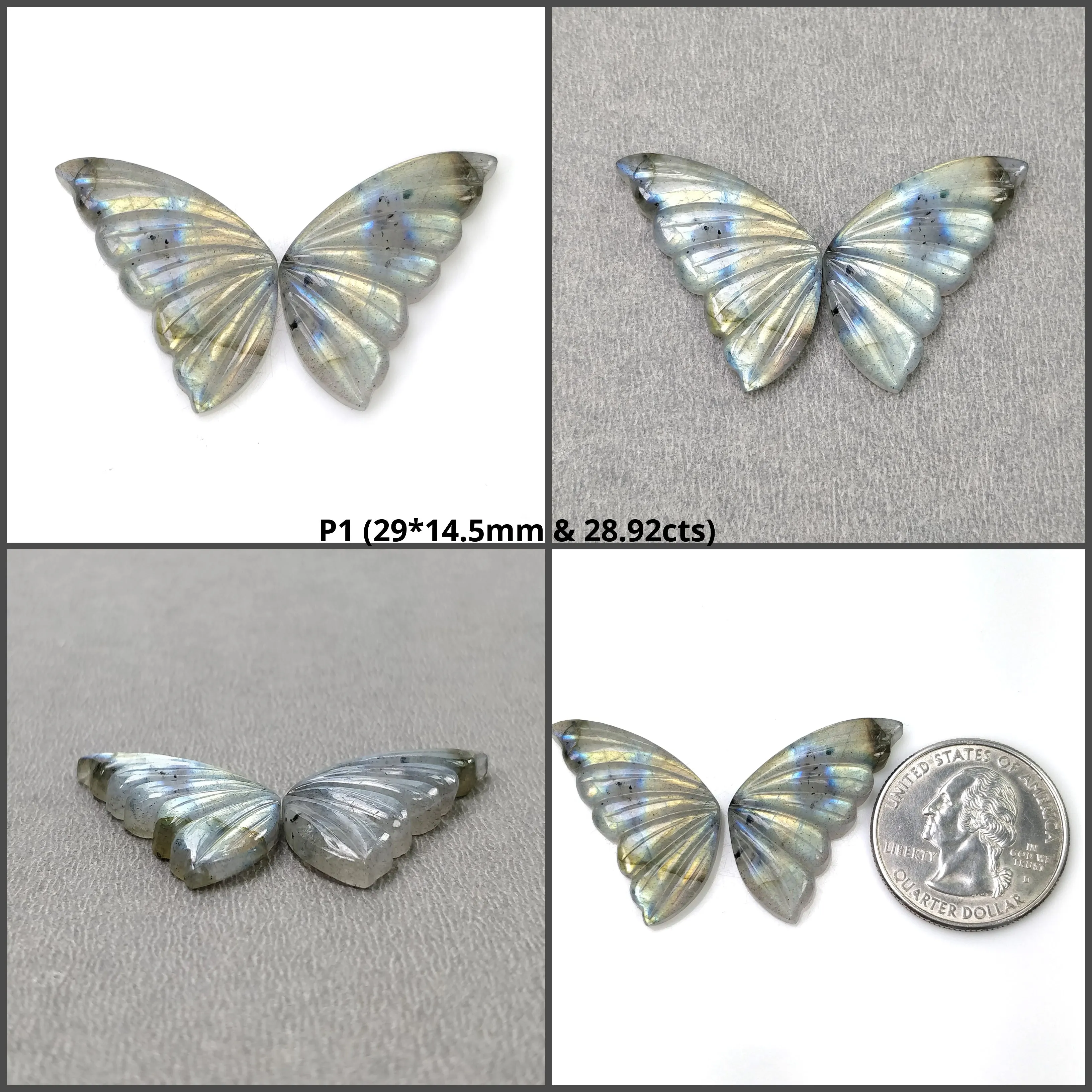 LABRADORITE Gemstone Carving : Natural Untreated Unheated Labradorite Gemstone Hand Carved Butterfly Pair (With Video)