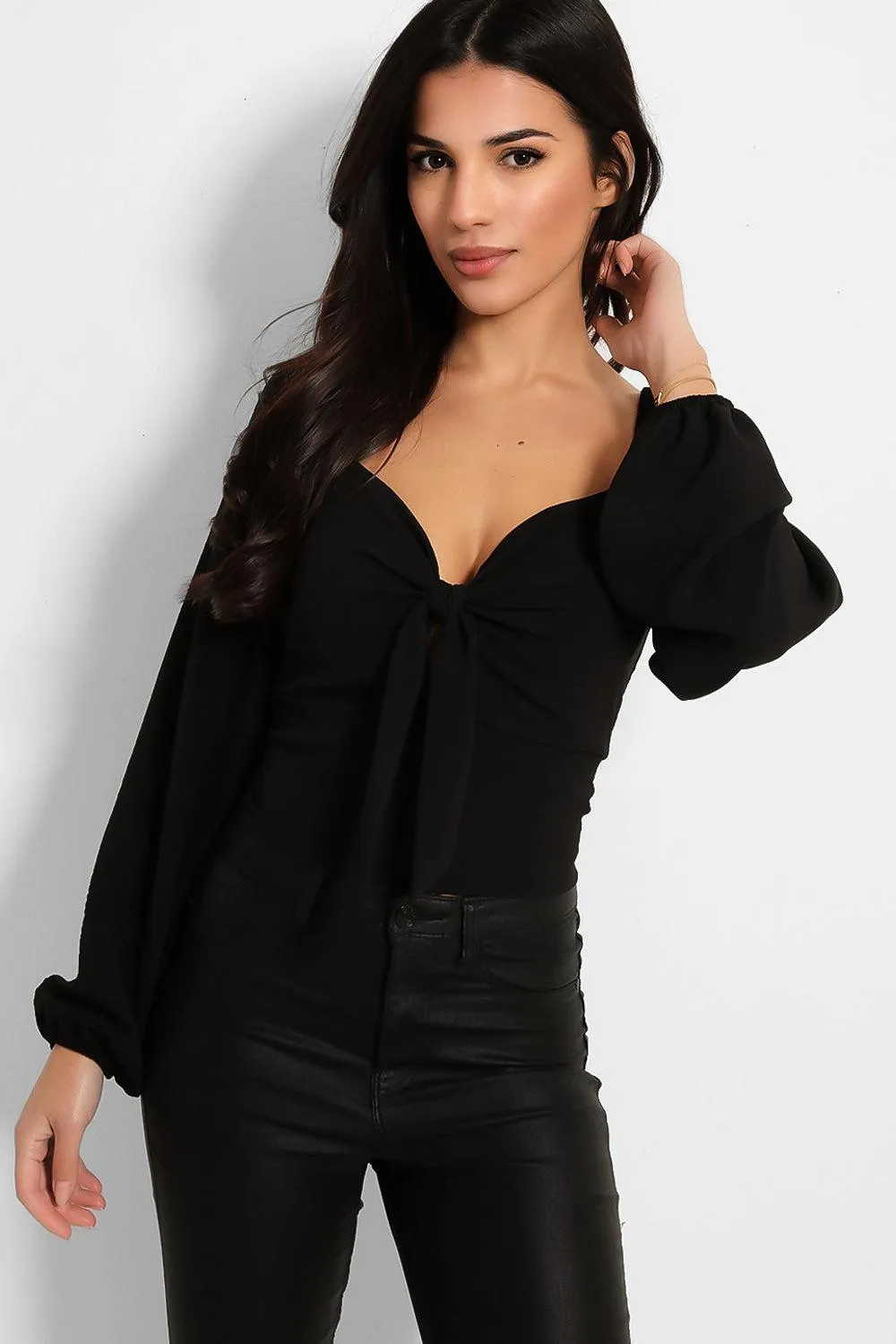 Lantern Sleeve Peek-a-Boo Tie Crop Top