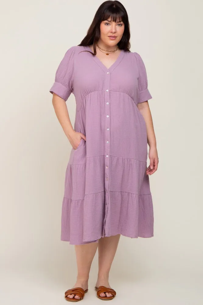 Lavender Button Down Short Sleeve Plus Dress