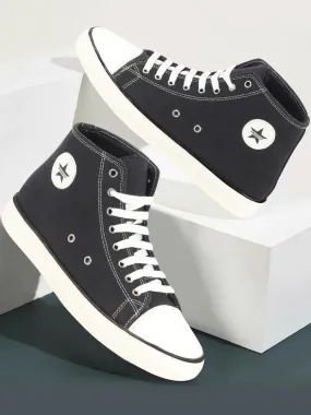 Men Black Mid Top Star Toe Cap Upper Denim 8-Eye Lace Up Canvas Sneakers Shoes