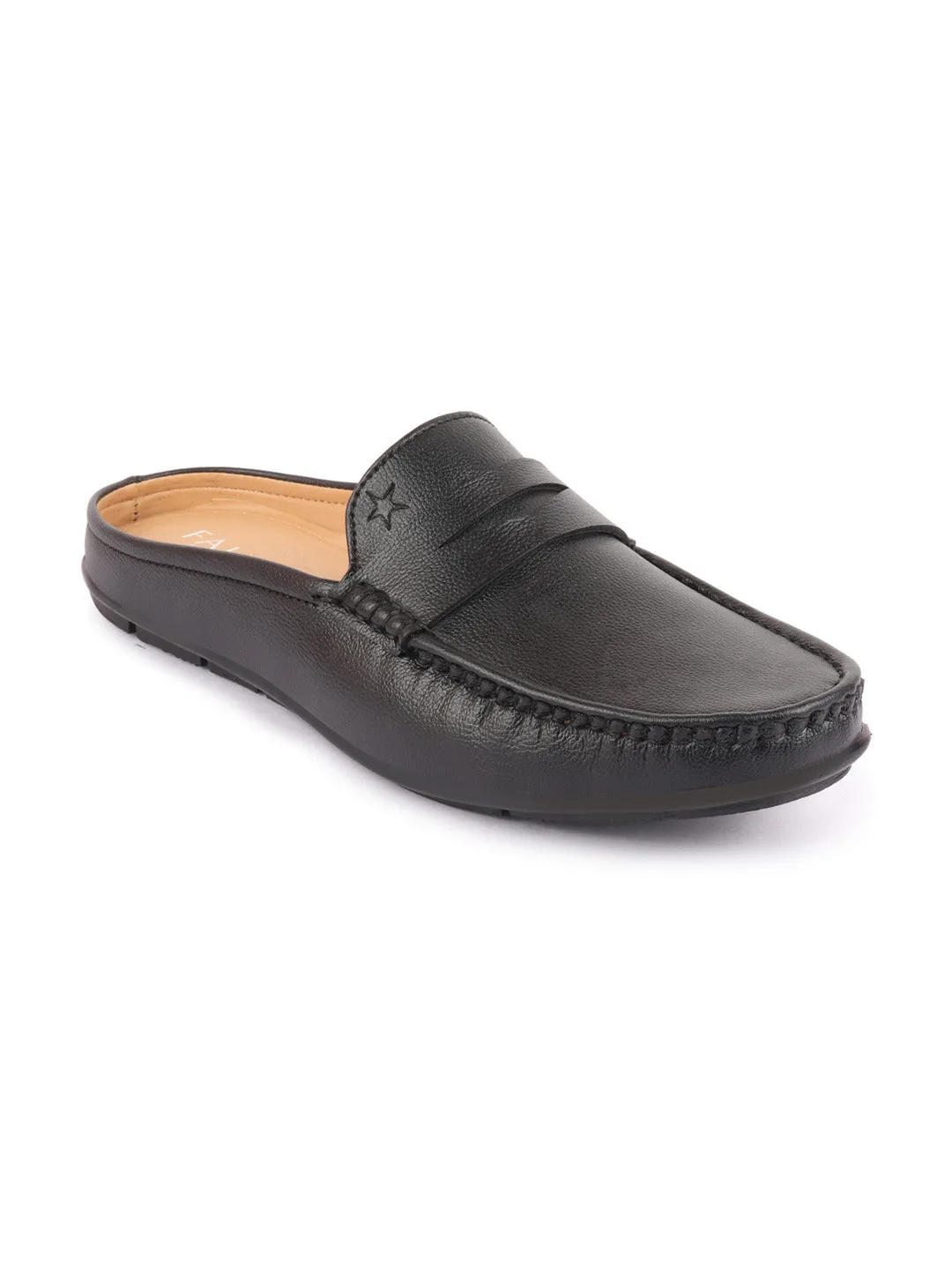 Men Black Slip On Back Open Stitched Mules Casual Shoes